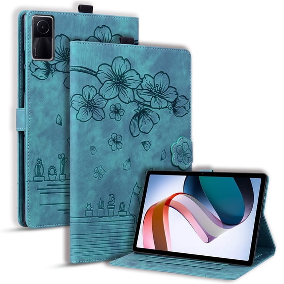 XYX Case for Xiaomi Redmi Pad 10.61 inch 2022 Released, Cherry Blossom Cat PU Leather Folio Stand Magnetic Shockproof Protective Cover (Green)