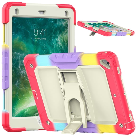 XYX For iPad 6th/5th Generation Case 9.7 inch 2018/2017, 3in1 Heavy Duty Shockproof Tablet Case with Stand, Shoulder Strap, Rainbow Red