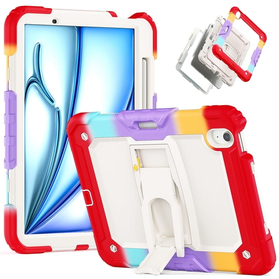 for iPad Air 11 inch (2026 M4/2025 M3/2024 M2) Case, 3in1 Heavy Duty Shockproof Tablet Case with Stand, Shoulder Strap, Rainbow Red