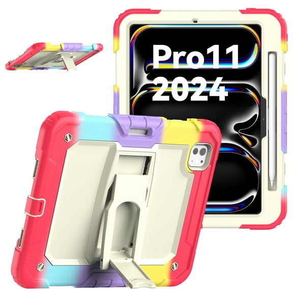 XYX For iPad Pro 11 inch Case 2024 (M4), 3in1 Heavy Duty Shockproof Tablet Case with Stand, Shoulder Strap, Rainbow Red