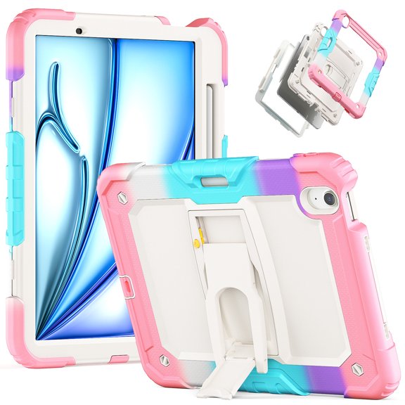 XYX for iPad Air 5th/4th Generation 10.9 Inch 2022/2020 Case, 3in1 Heavy Duty Shockproof Tablet Case with Stand, Shoulder Strap, Rainbow Pink