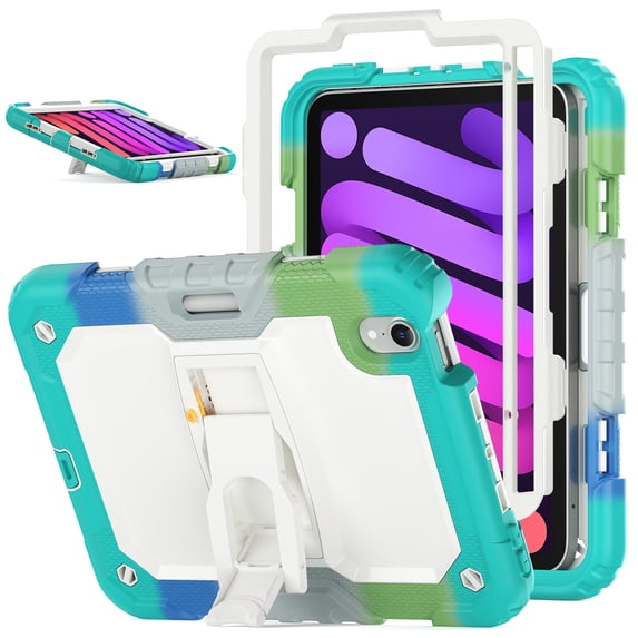 XYX for iPad Mini 7th/6th Generation Case 8.3 inch 2024/2021, 3in1 Heavy Duty Shockproof Tablet Case with Stand, Shoulder Strap, Rainbow Blue