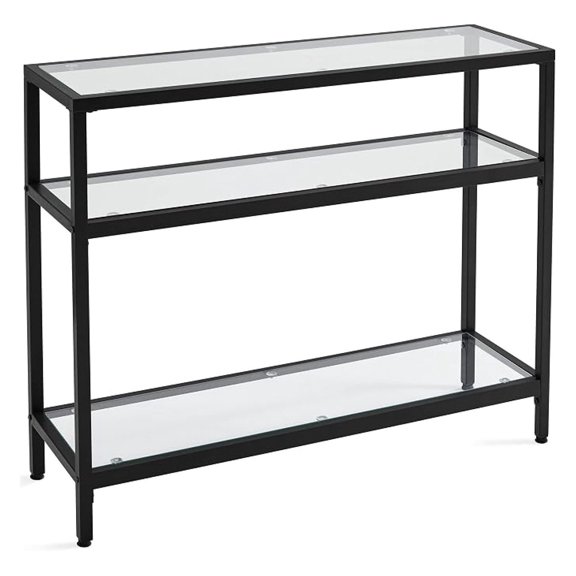 XYX Console Table, Metal Frame Sofa Table, Modern Tempered Glass Hallway Table with Storage Shelves, Easy Assembly & Easy to Clean for Living Room, Entryway, Black
