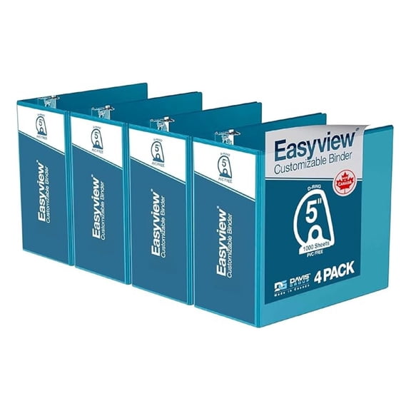 XYX Easyview Premium 3-Ring Binders with Clear-View Covers and D Rings, Binders for School or Office, 5 Inch, Pack of 4, Turquoise