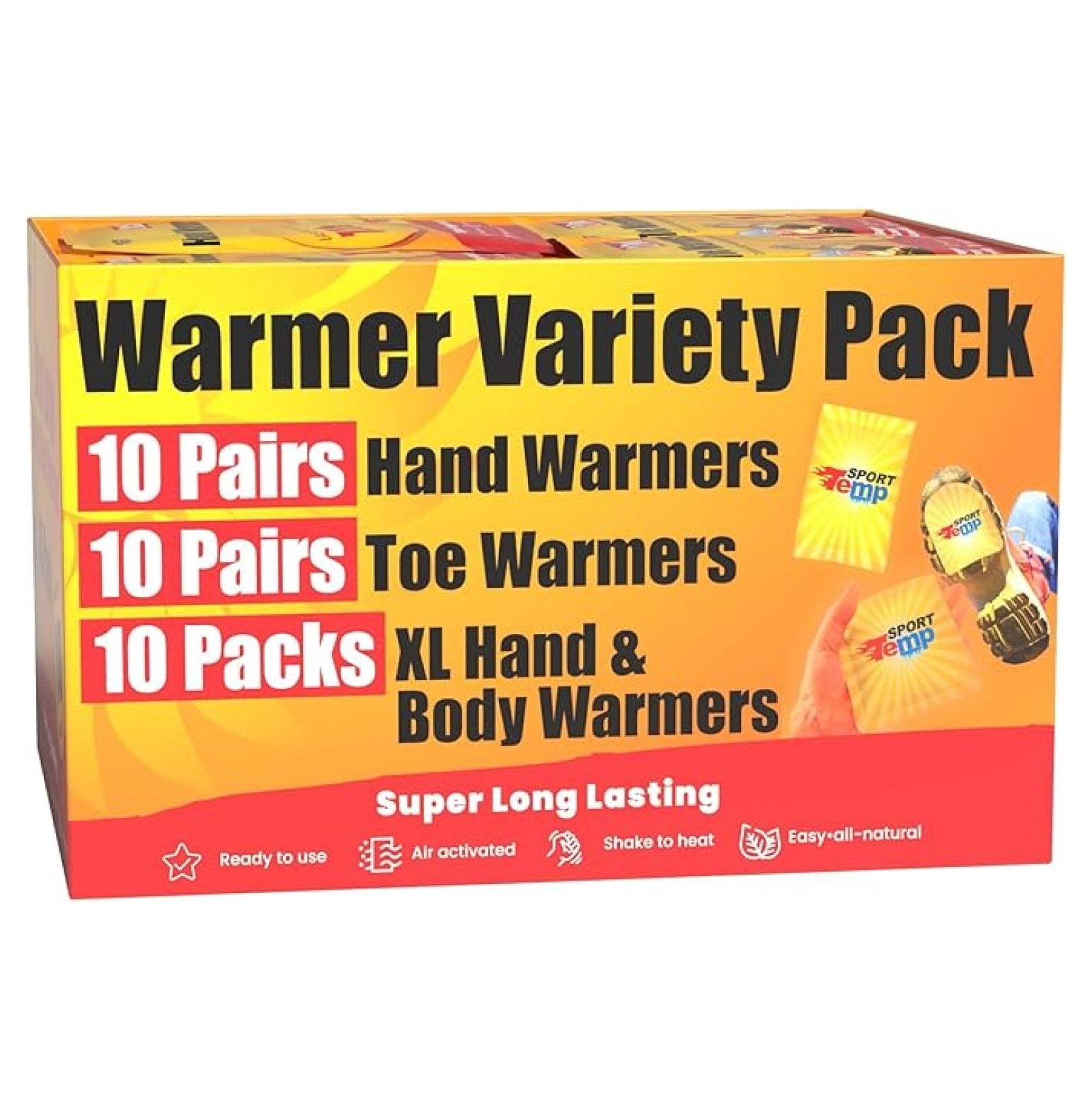 XYX Hand, Toe, & XL Body and Hand Warmers - Variety Pack, 10 Pairs Hand Warmers, 10 Pairs Toe Warmers with Adhesive, 10 XL Hand & Body Warmers - Air Activated - Odorless Hot Hand -