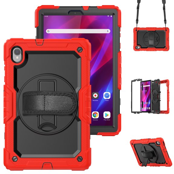 For Lenovo Tab K10/M10 Plus (2nd Gen) Case 10.3 inch, 360 Rotating Shockproof Cover with Stand, Screen Protector, Shoulder Strap (TB-X6C6/TB-X606), Red