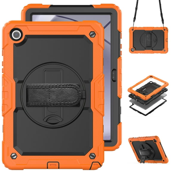For Samsung Galaxy Tab A11+/A11 Plus Case 11 inch, 360 Rotating Shockproof Cover with Stand, Screen Protector, Shoulder Strap (2025, SM-X230/X235/X236), Orange