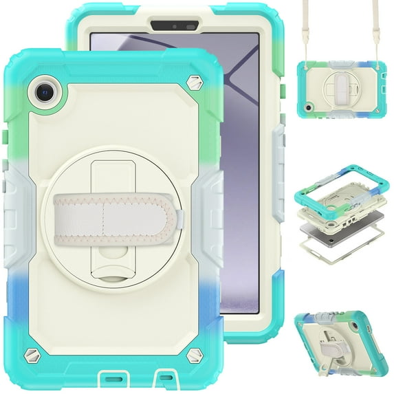 For Samsung Galaxy Tab A11 Case 8.7 inch, 360 Rotating Shockproof Cover with Stand, Screen Protector, Shoulder Strap (2025, SM-X133/X135), Rainbow Blue