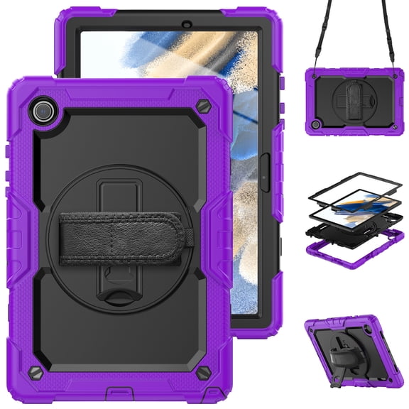 For Samsung Galaxy Tab A8 Case 10.5 inch, 360 Rotating Shockproof Cover with Stand, Screen Protector, Shoulder Strap (2022, SM-X200/X205/X207), Purple