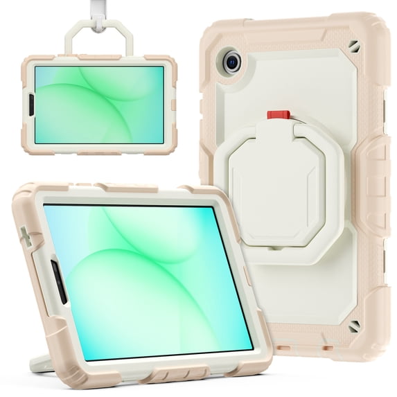 For Samsung Galaxy Tab A9 Case 8.7 inch, 360 Rotating Shockproof Cover with Stand, Handle, Shoulder Strap (2023, SM-X110/X115/X117), Cream Rose Gold