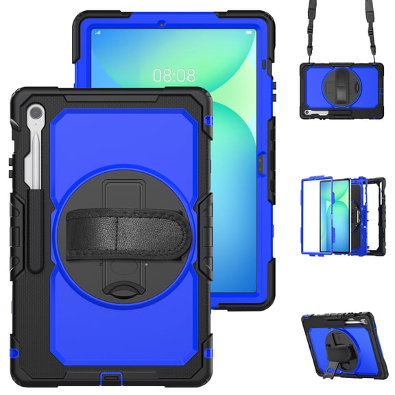 For Samsung Galaxy Tab S10 FE Plus Case 13.1 inch, 360 Rotating Shockproof Cover with Stand, Screen Protector, Shoulder Strap (SM-X620/X6266), Dark Blue PC