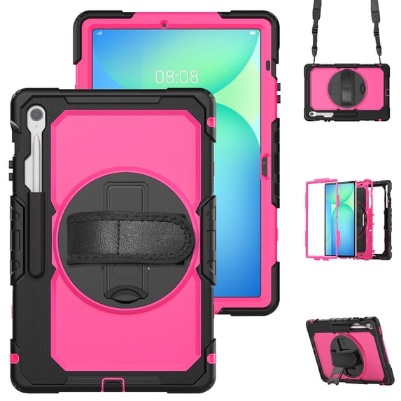 For Samsung Galaxy Tab S10 FE Plus Case 13.1 inch, 360 Rotating Shockproof Cover with Stand, Screen Protector, Shoulder Strap (SM-X620/X6266), Rose PC