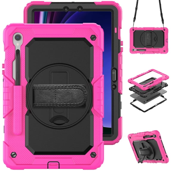 For Samsung Galaxy Tab S10 FE/S9 FE/S9 Case 11 inch, 360 Rotating Shockproof Cover with Stand, Screen Protector, Shoulder Strap (SM-X520/X510/X710), Rose