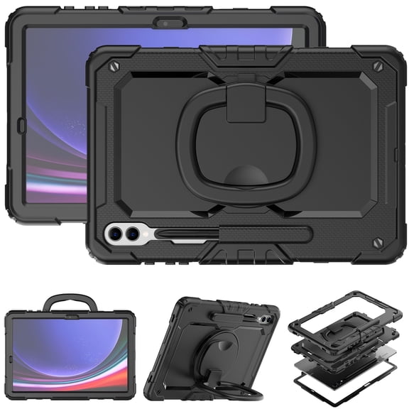 For Samsung Galaxy Tab S10 Plus/S9 FE+/S9+ Case 12.4 inch, 360 Rotating Shockproof Cover with Stand, Handle, Shoulder Strap (SM-X820/X810/X610), Black