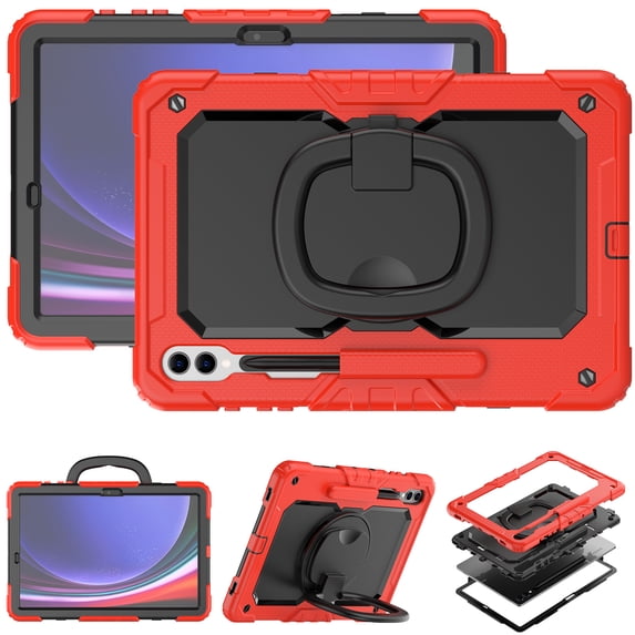 For Samsung Galaxy Tab S10 Plus/S9 FE+/S9+ Case 12.4 inch, 360 Rotating Shockproof Cover with Stand, Handle, Shoulder Strap (SM-X820/X810/X610), Red