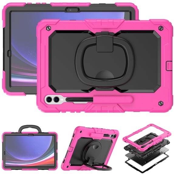 For Samsung Galaxy Tab S10 Plus/S9 FE+/S9+ Case 12.4 inch, 360 Rotating Shockproof Cover with Stand, Handle, Shoulder Strap (SM-X820/X810/X610), Rose