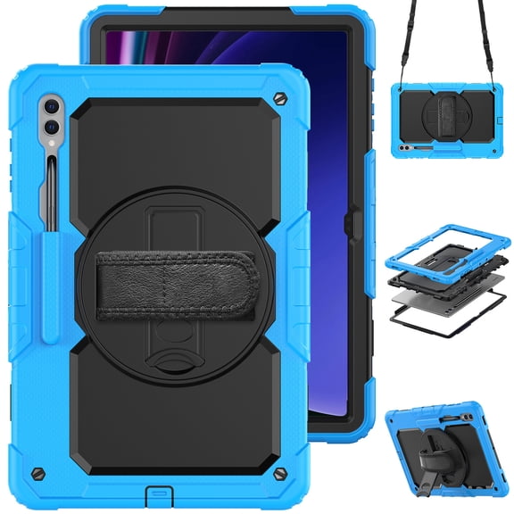 For Samsung Galaxy Tab S10 Ultra/S9 Ultra/S8 Ultra Case 14.6 inch, 360 Rotating Shockproof Cover with Stand, Screen Protector, Shoulder Strap (SM-X920/X910/X900), Sky Blue