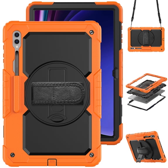 For Samsung Galaxy Tab S10 Ultra/S9 Ultra/S8 Ultra Case 14.6 inch, 360 Rotating Shockproof Cover with Stand, Screen Protector, Shoulder Strap (SM-X920/X910/X900), Orange