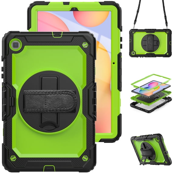 For Samsung Galaxy Tab S6 Lite 10.4 inch, 360 Rotating Shockproof Cover with Stand, Screen Protector, Shoulder Strap (SM-P610/P615/P613/P619), Lime PC