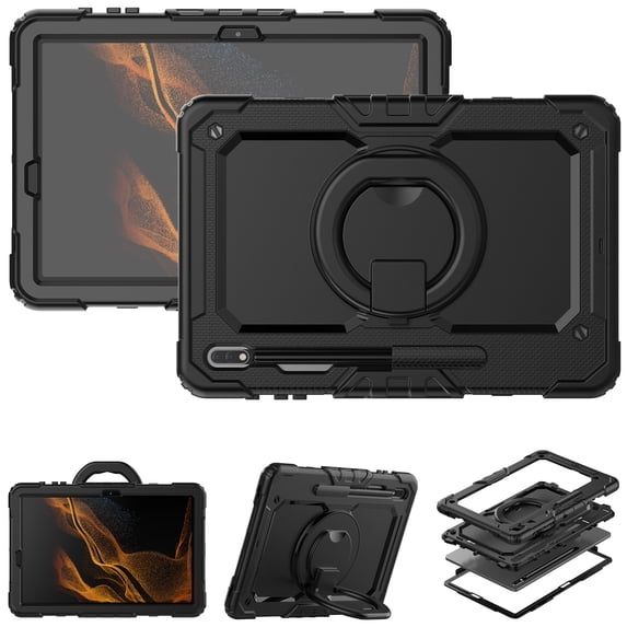 For Samsung Galaxy Tab S8+ Plus/S7 FE/S7+ Plus Case 12.4 inch, 360 Rotating Shockproof Cover with Stand, Handle, Shoulder Strap (SM-X800/T730/T970), Black