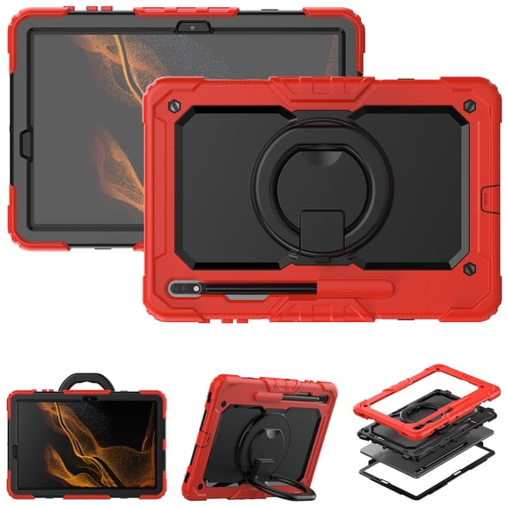 For Samsung Galaxy Tab S8+ Plus/S7 FE/S7+ Plus Case 12.4 inch, 360 Rotating Shockproof Cover with Stand, Handle, Shoulder Strap (SM-X800/T730/T970), Red