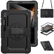 For Samsung Galaxy Tab S8  Plus/S7 FE/S7  Plus Case 12.4 inch, 360 Rotating Shockproof Cover with Stand, Screen Protector, Shoulder Strap (SM-X800/T730/T970), Black