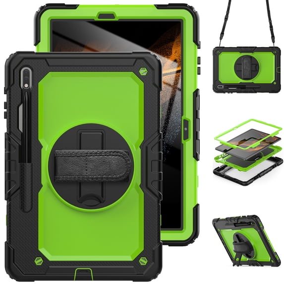 For Samsung Galaxy Tab S8+ Plus/S7 FE/S7+ Plus Case 12.4 inch, 360 Rotating Shockproof Cover with Stand, Screen Protector, Shoulder Strap (SM-X800/T730/T970), Lime PC