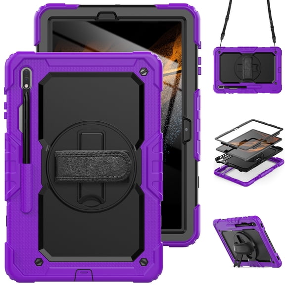 For Samsung Galaxy Tab S8+ Plus/S7 FE/S7+ Plus Case 12.4 inch, 360 Rotating Shockproof Cover with Stand, Screen Protector, Shoulder Strap (SM-X800/T730/T970), Purple