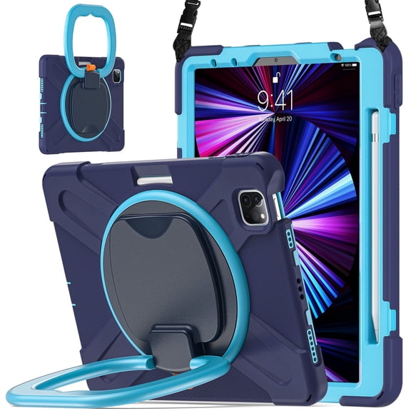 Case for iPad Air 11 (2026 M4/2025 M3/2024 M2)/iPad Pro 11 inch (2022/2021/2020/2018), 360 Degree Rotating Hand Grip Shockproof Cover with Shoulder Strap, NavyBlue Blue
