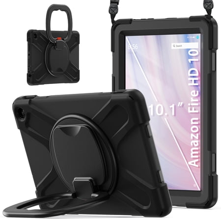 XYX Tablet Case for Fire HD 10 13th Generation 2023 Release, 360 Degree Rotating Hand Grip Shockproof Cover with Shoulder Strap, Black