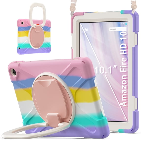 XYX Tablet Case for Fire HD 10 13th Generation 2023 Release, 360 Degree Rotating Hand Grip Shockproof Cover with Shoulder Strap, Colourful Pink