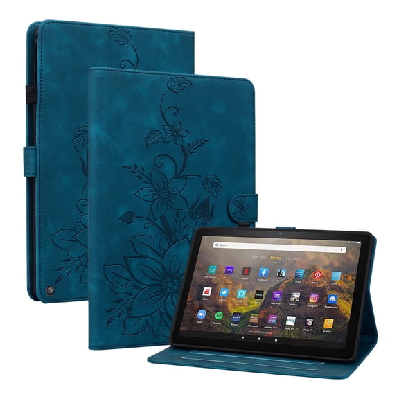 XYX for Kindle Fire HD 8 (12th Generation, 2022 Release) Case, PU Leather Slim Folio with Multi-Angle Stand, Blue Lily Flower