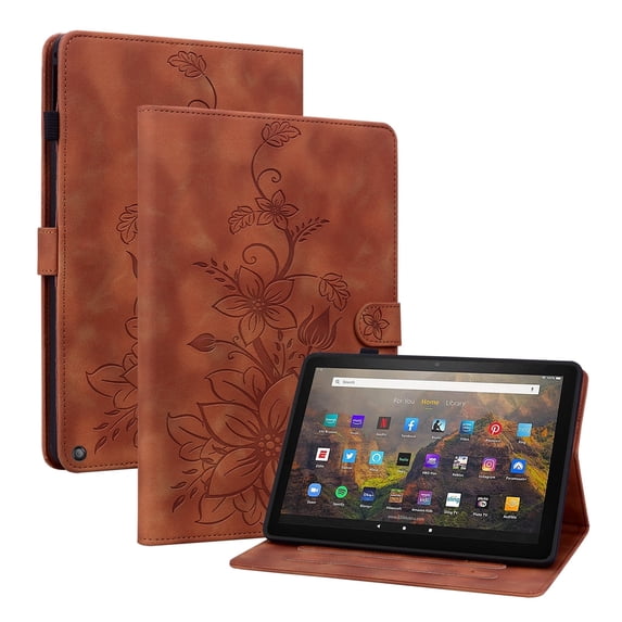 XYX for Kindle Fire HD 8 (12th Generation, 2022 Release) Case, PU Leather Slim Folio with Multi-Angle Stand - Brown Lily Flower
