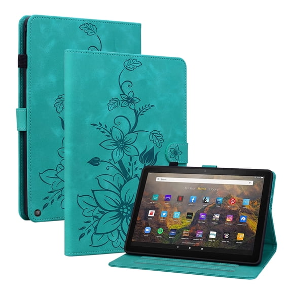 XYX for Kindle Fire HD 8 (12th Generation, 2022 Release) Case, PU Leather Slim Folio with Multi-Angle Stand - Green Lily Flower