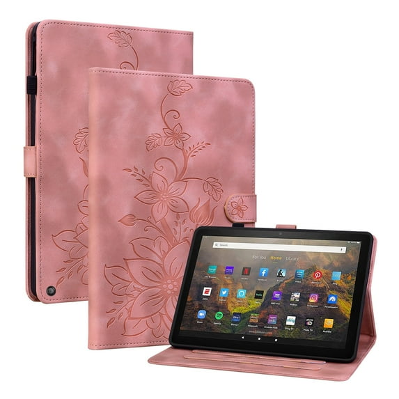 XYX for Kindle Fire HD 8 (12th Generation, 2022 Release) Case, PU Leather Slim Folio with Multi-Angle Stand - Pink Lily Flower