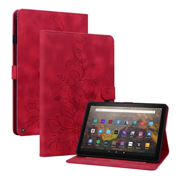 XYX for Kindle Fire HD 8 (12th Generation, 2022 Release) Case, PU Leather Slim Folio with Multi-Angle Stand, Red Lily Flower
