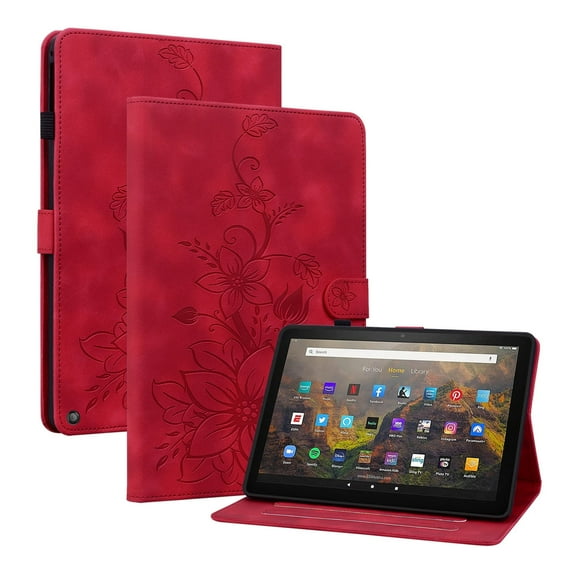 XYX for Kindle Fire HD 8 (12th Generation, 2022 Release) Case, PU Leather Slim Folio with Multi-Angle Stand - Red Lily Flower