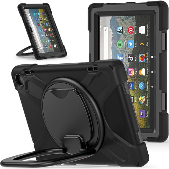 Case for Fire HD 8 & 8 Plus Tablet Case (12th/10th Generation, 2024/2022/2020), 360 Degree Rotating Hand Grip Shockproof Cover with Shoulder Strap, Black