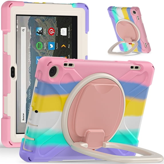 XYX Tablet Case for Fire HD 8 & 8 Plus Tablet Case (12th/10th Generation, 2024/2022/2020), 360 Degree Rotating Hand Grip Shockproof Cover with Shoulder Strap, Colourful Pink