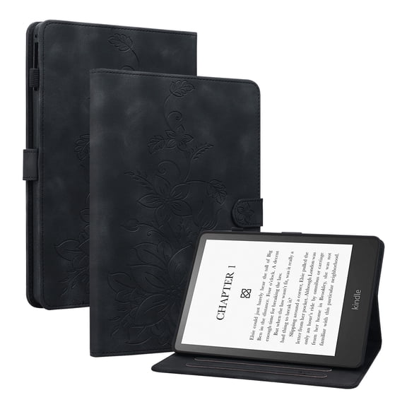 XYX for Kindle Paperwhite (11th Generation-2021/2023/2024) Case, PU Leather Slim Folio with Multi-Angle Stand - Black Lily Flower