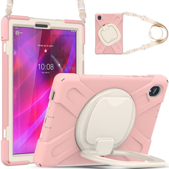 Case for Lenovo Tab K10 TB-X6C6L/Tab M10 Plus 10.3 Inch 2020, 360 Degree Rotating Hand Grip Shockproof Cover with Shoulder Strap, Cherry Pink