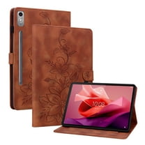 XYX for Lenovo Tab P12 12.7 inch 2023 TB370FU Case, PU Leather Slim Folio with Multi-Angle Stand - Brown Lily Flower