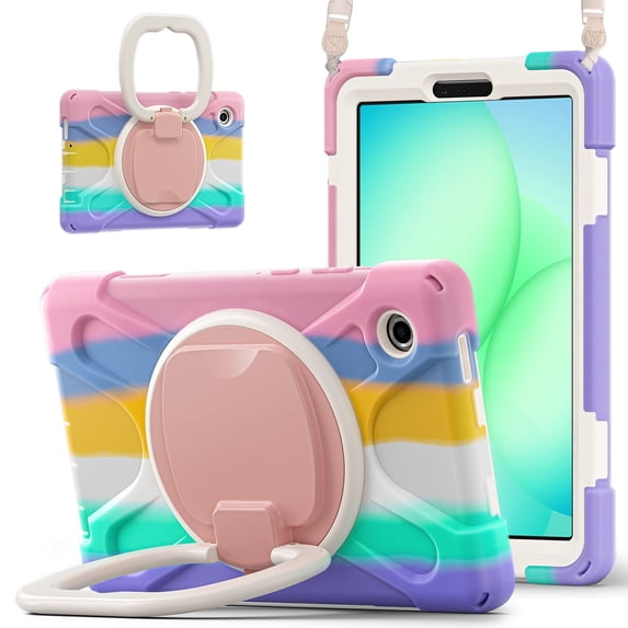 Case for Samsung Galaxy Tab A11 8.7 inch, 360 Degree Rotating Hand Grip Shockproof Cover with Shoulder Strap, Colourful Pink