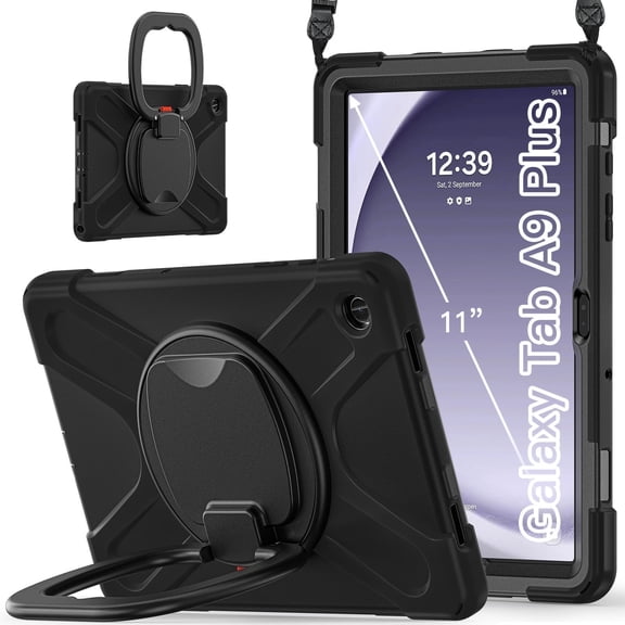 XYX 360 Rotating Tablet Case for Samsung Galaxy Tab A9+ 11.0 inch with Hand Grip & Shoulder Strap, Black