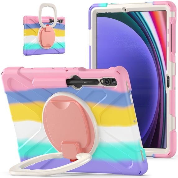 Case for Samsung Galaxy Tab S10+ Plus/S9+/S9 FE Plus/S8+/S7+ 12.4 inch, 360 Degree Rotating Hand Grip Shockproof Cover with Shoulder Strap, Colourful Pink