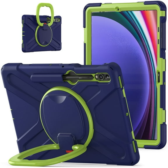 XYX Case for Samsung Galaxy Tab S10+ Plus/S9+/S9 FE Plus/S8+/S7+ 12.4 inch, 360 Degree Rotating Hand Grip Shockproof Cover with Shoulder Strap, NavyBlue Lime