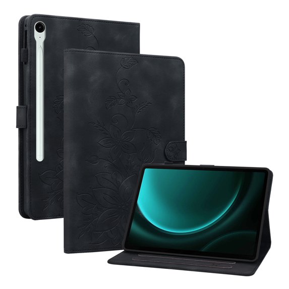 XYX for Samsung Galaxy Tab S10 Lite/S10/S9 FE/S9 Case, PU Leather Slim Folio with Multi-Angle Stand, Black Lily Flower