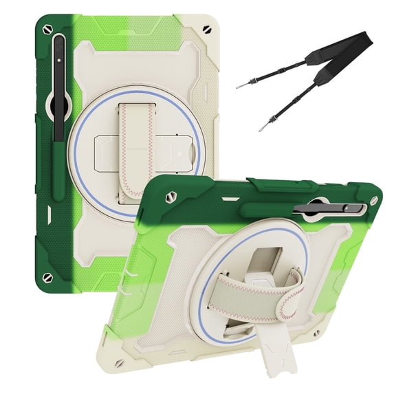 3in1 Rotating Stand Case for Samsung Galaxy Tab S8 Ultra 14.6 inch SM-X900 with Hand/Shoulder Strap, Shockproof Rugged, Green