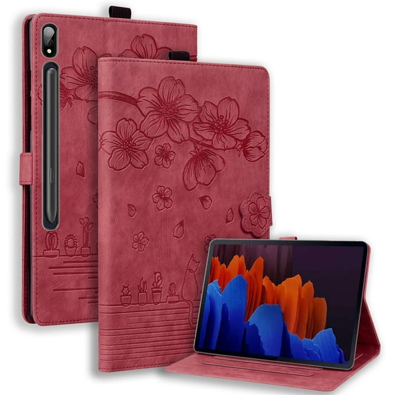 XYX Case for Samsung Galaxy Tab S9 2023/S8 2022/S7 2020 11 inch, Cherry Blossom Cat PU Leather Folio Stand Magnetic Shockproof Protective Cover (Red)