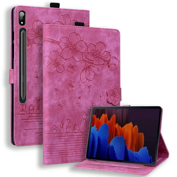 XYX Case for Samsung Galaxy Tab S9 2023/S8 2022/S7 2020 11 inch, Cherry Blossom Cat PU Leather Folio Stand Magnetic Shockproof Protective Cover (Rose)